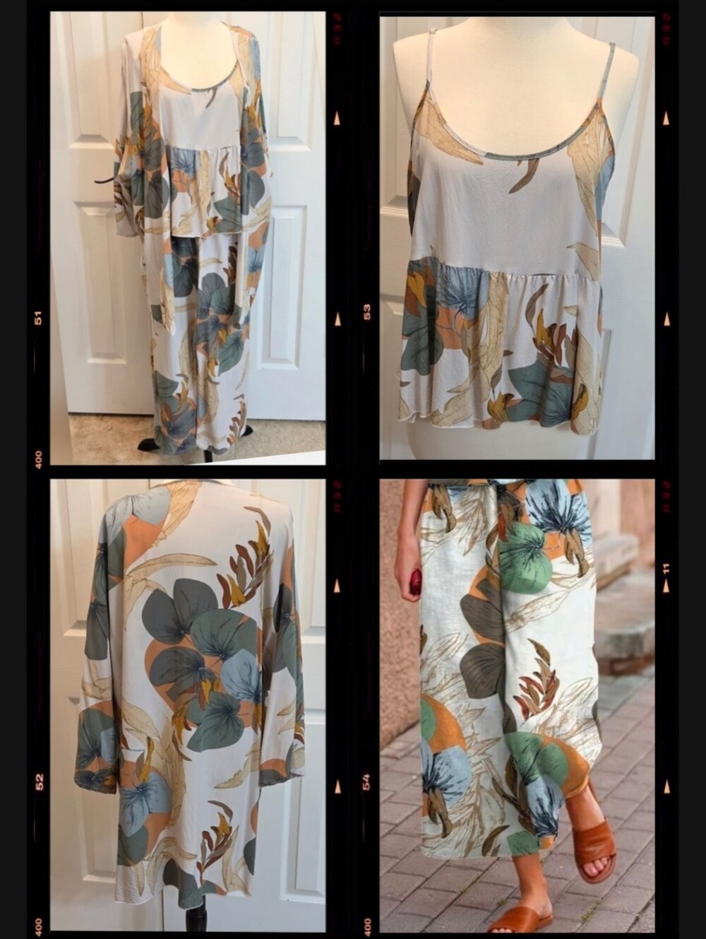 MATCHING 3 PIECE FLORAL PLANT TROPICAL BABYDOLL TOP KIMONO JACKET CROPPED PANTS